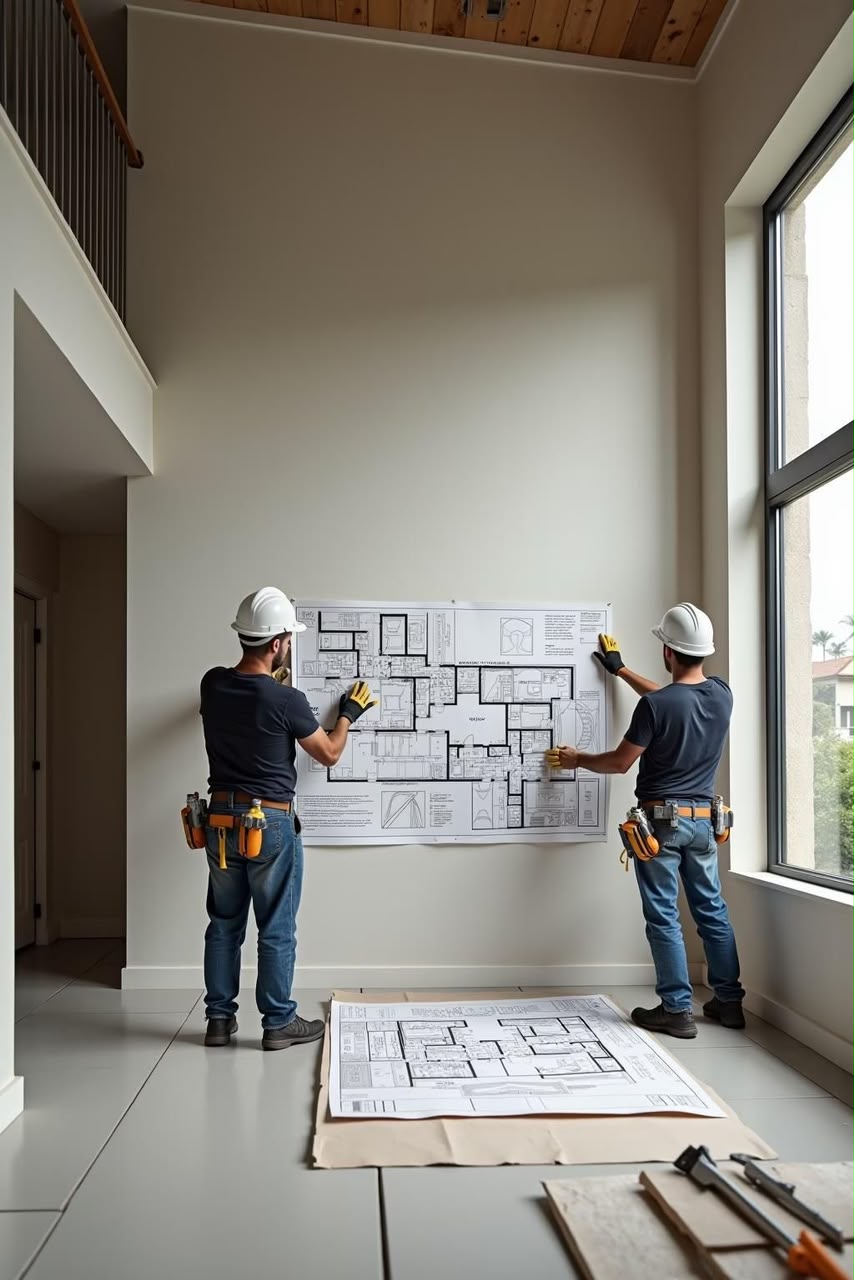 Quality Assurance - Workers reviewing construction plans